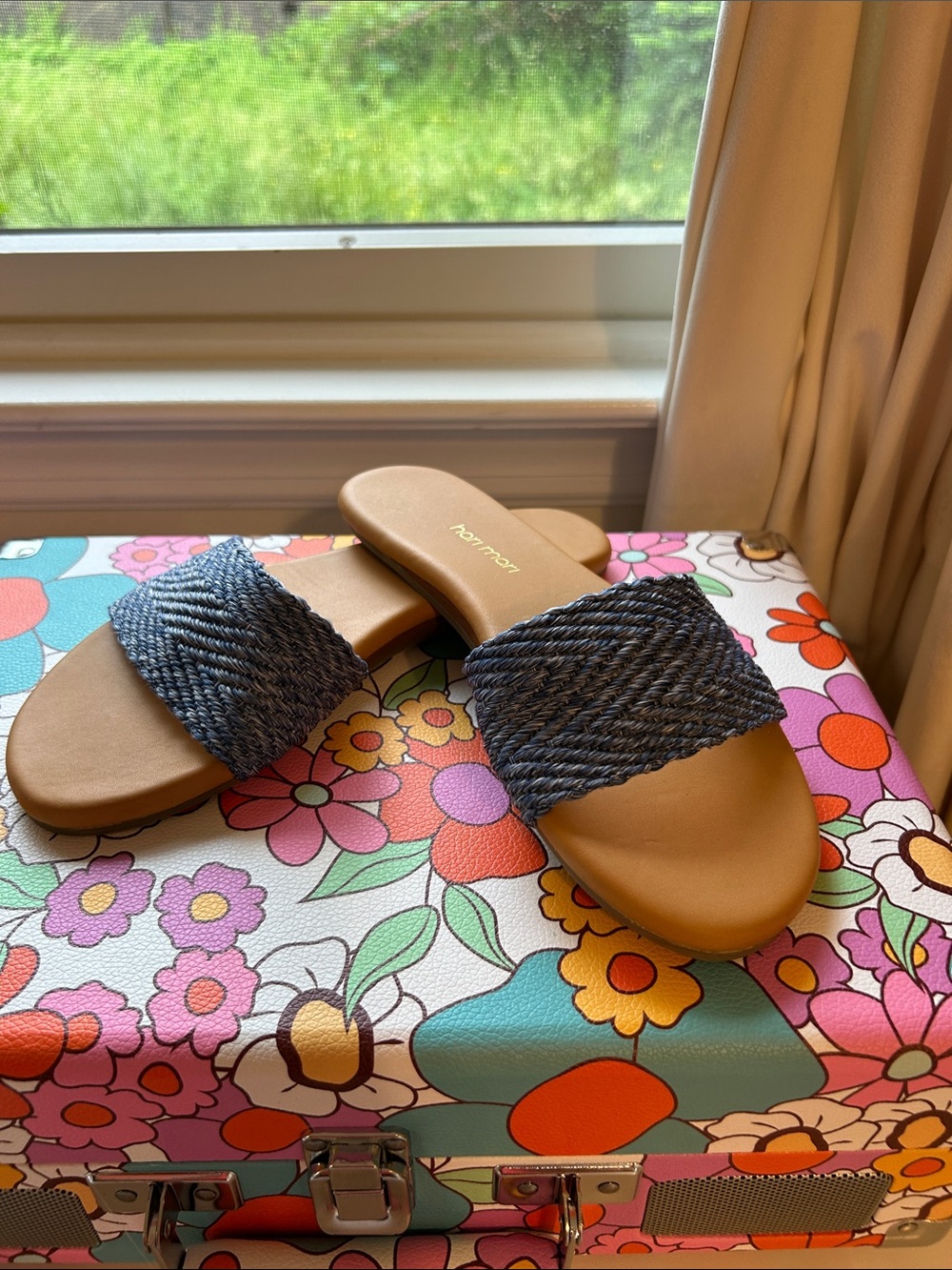 Hari Mari Braided Navy Slide Sandals with Tan Footbed - Women's